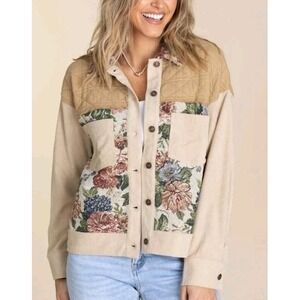 Oddi Tapestry Patchwork Jacket Size M NWT Taupe Floral Colorblock